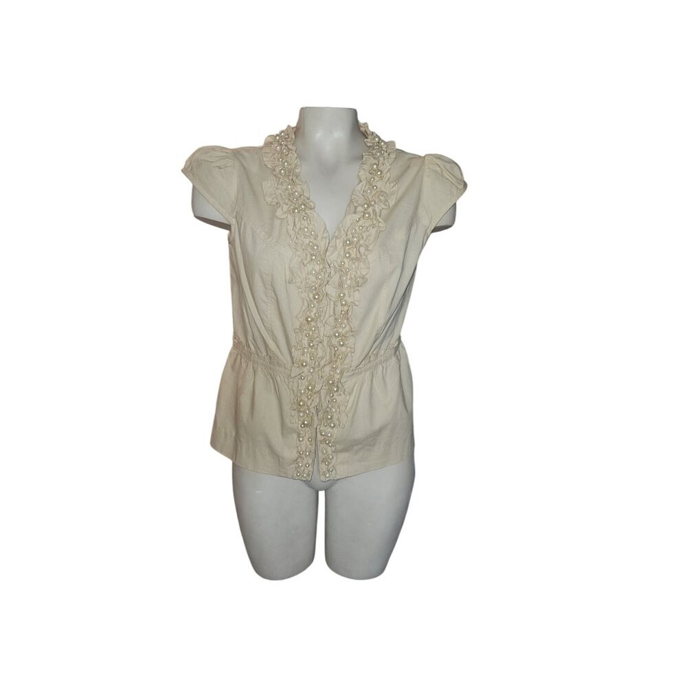 Du Joui Cream Pearl Embellished Ruffle Cap Sleeve Peplum Top XS
feminine romance